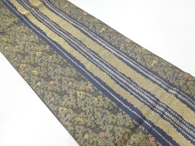 JAPANESE KIMONO / VINTAGE FUKURO OBI / WOVEN STRIPES & FLOWER ARABESQUE